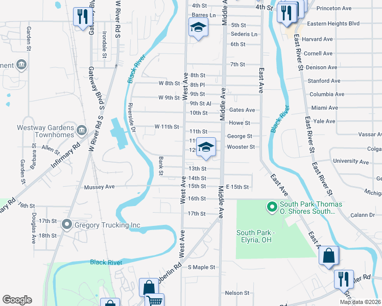 map of restaurants, bars, coffee shops, grocery stores, and more near 358 12th Street in Elyria