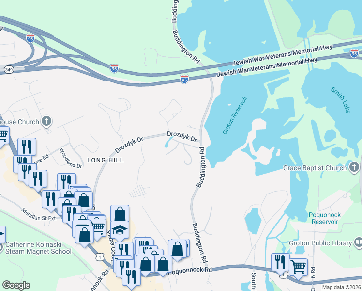 map of restaurants, bars, coffee shops, grocery stores, and more near 301 Buddington Road in Groton