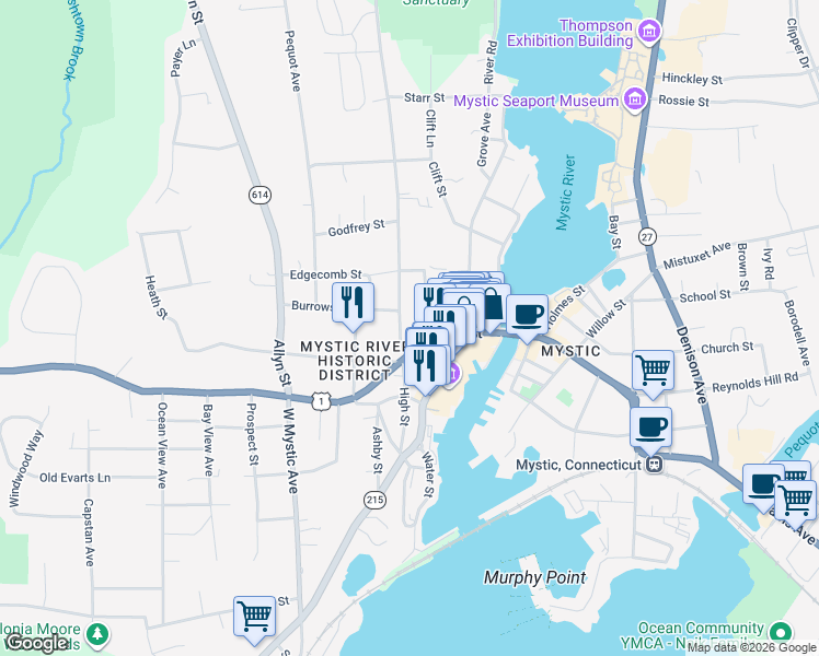 map of restaurants, bars, coffee shops, grocery stores, and more near 134 High Street in Groton