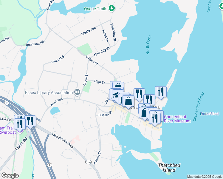 map of restaurants, bars, coffee shops, grocery stores, and more near 9 Prospect Street in Essex