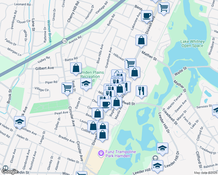 map of restaurants, bars, coffee shops, grocery stores, and more near 27 Cumley Street in Hamden
