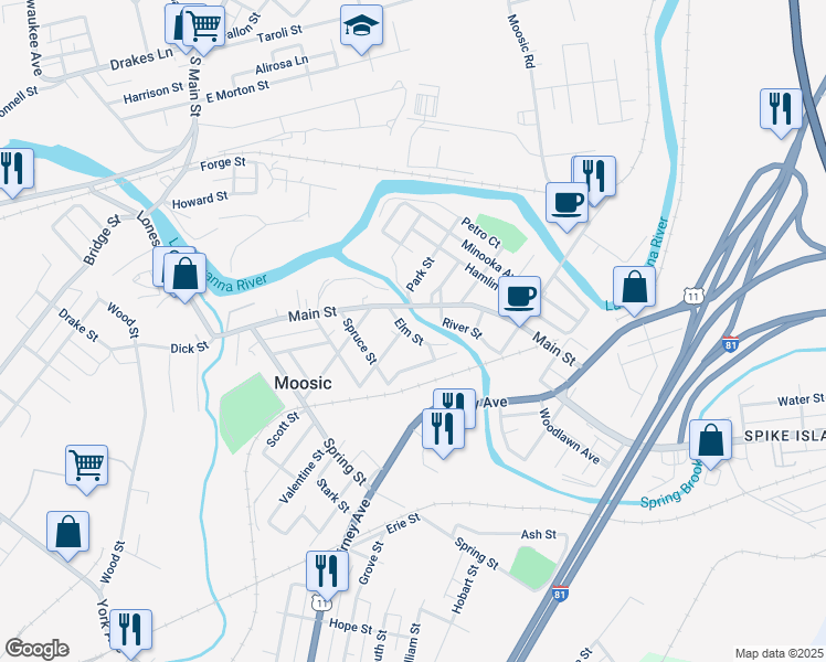 map of restaurants, bars, coffee shops, grocery stores, and more near 231 Elm Street in Moosic