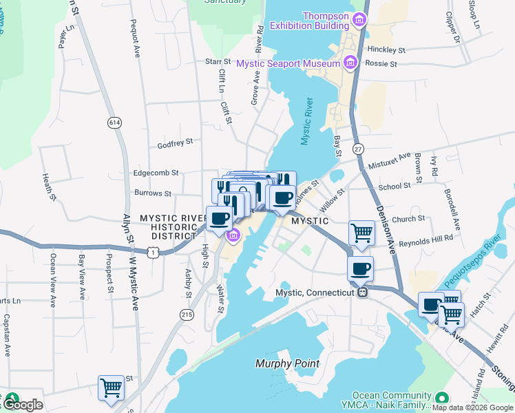 map of restaurants, bars, coffee shops, grocery stores, and more near 28 West Main Street in Groton