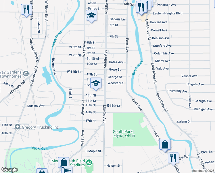 map of restaurants, bars, coffee shops, grocery stores, and more near 1208 Middle Avenue in Elyria