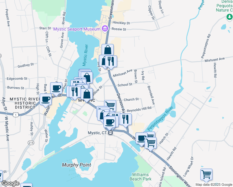 map of restaurants, bars, coffee shops, grocery stores, and more near 1853 Denison Avenue in Mystic