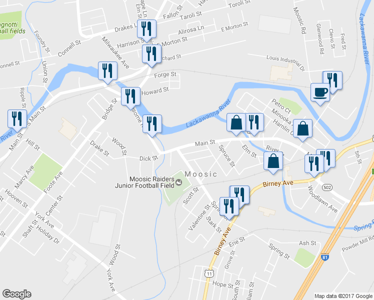 map of restaurants, bars, coffee shops, grocery stores, and more near 210 Main St in Moosic
