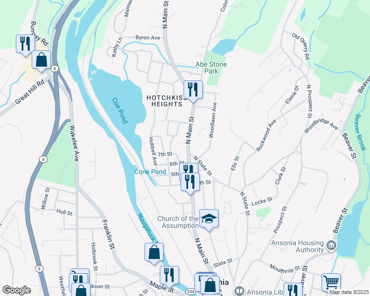 map of restaurants, bars, coffee shops, grocery stores, and more near 219 North Main Street in Ansonia