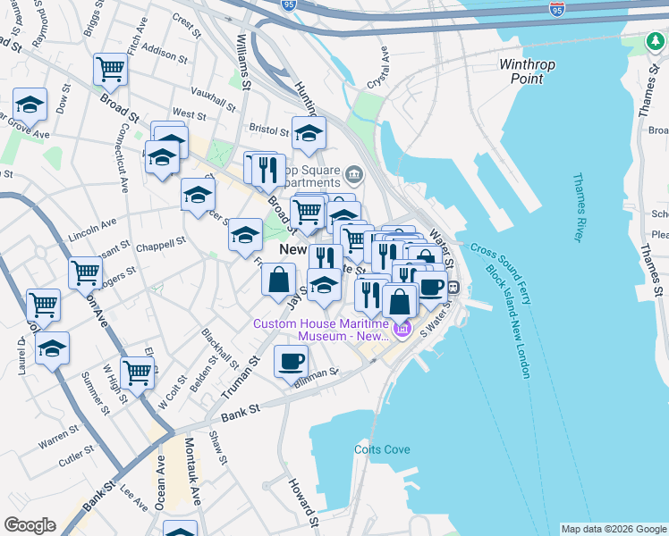 map of restaurants, bars, coffee shops, grocery stores, and more near 312 State St in New London