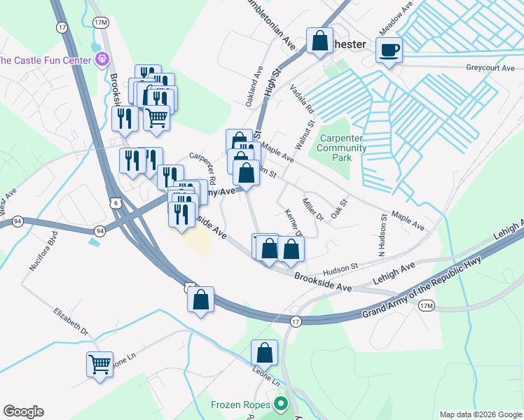 map of restaurants, bars, coffee shops, grocery stores, and more near 153 Main Street in Chester