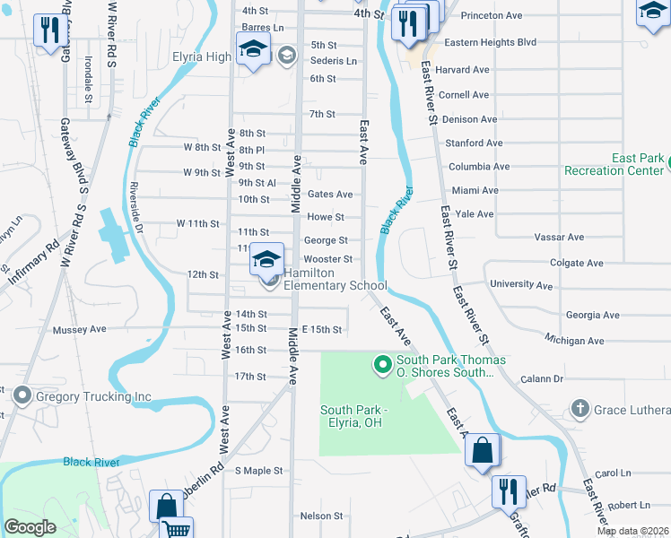 map of restaurants, bars, coffee shops, grocery stores, and more near 226 Wooster St in Elyria