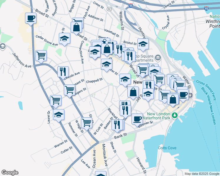 map of restaurants, bars, coffee shops, grocery stores, and more near 49 Williams Street in New London