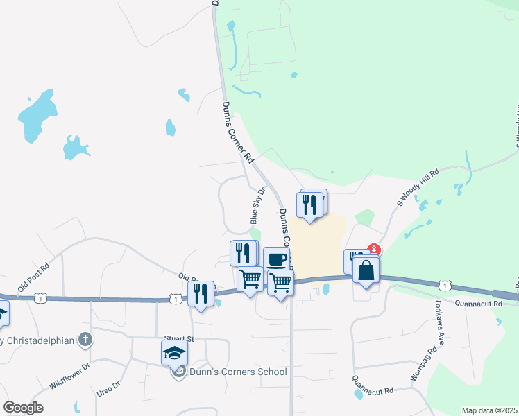 map of restaurants, bars, coffee shops, grocery stores, and more near 6 Blue Sky Drive in Westerly