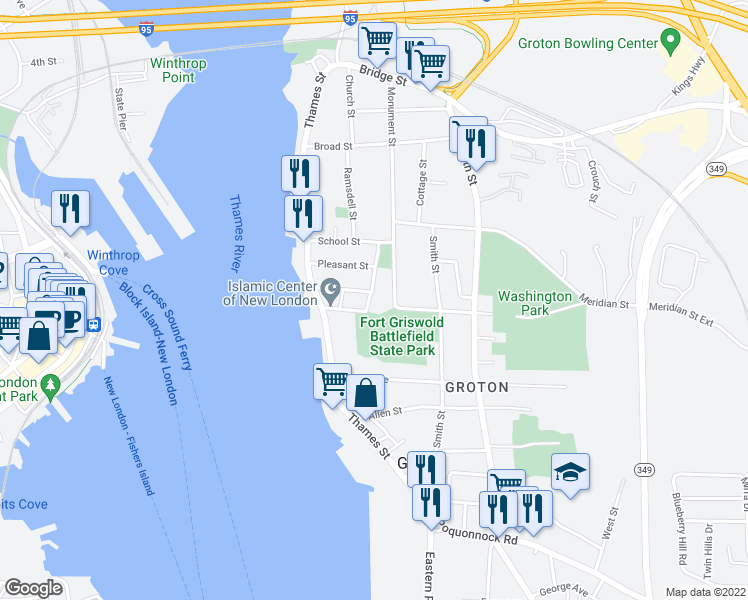 map of restaurants, bars, coffee shops, grocery stores, and more near 66 Slocomb Terrace in Groton