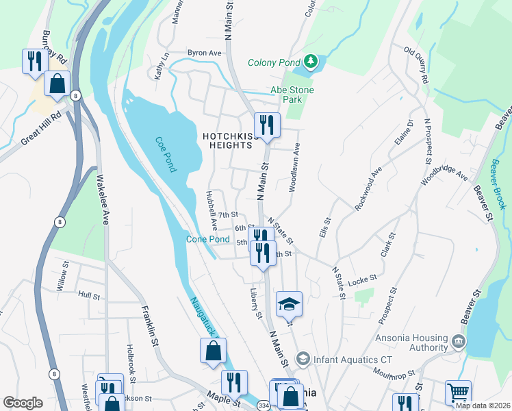 map of restaurants, bars, coffee shops, grocery stores, and more near 221 North Main Street in Ansonia
