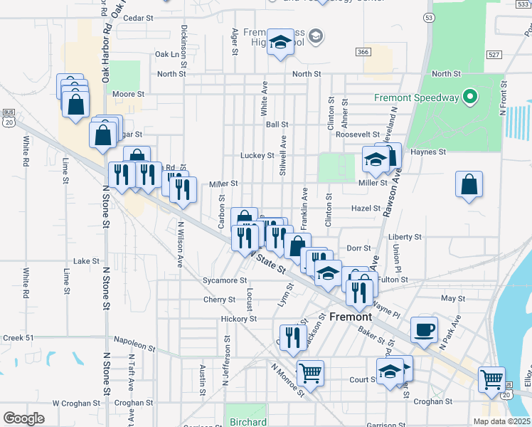 map of restaurants, bars, coffee shops, grocery stores, and more near 829 White Avenue in Fremont