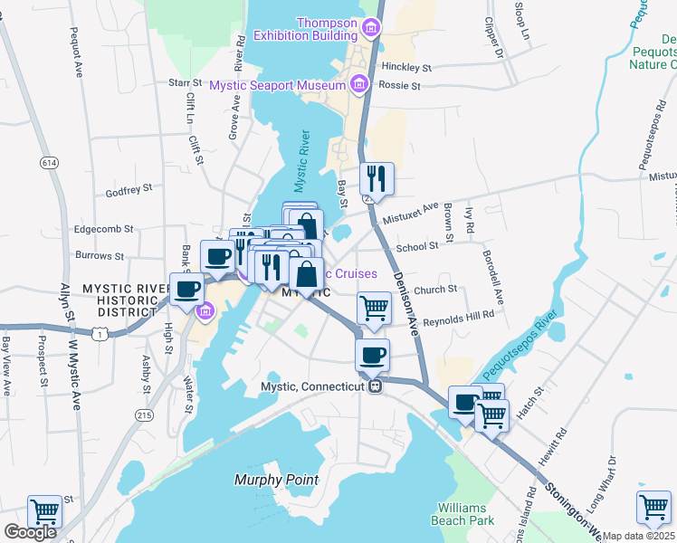 map of restaurants, bars, coffee shops, grocery stores, and more near 18 Wall Street in Stonington