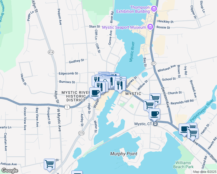 map of restaurants, bars, coffee shops, grocery stores, and more near 28 West Main Street in Groton