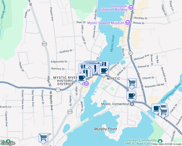 map of restaurants, bars, coffee shops, grocery stores, and more near 28 West Main Street in Groton