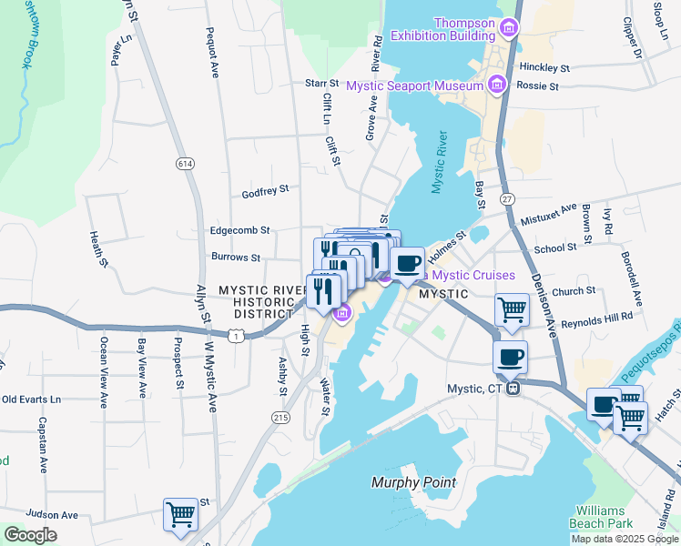 map of restaurants, bars, coffee shops, grocery stores, and more near 54 West Main Street in Groton
