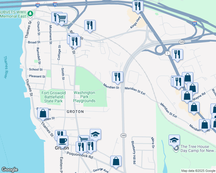 map of restaurants, bars, coffee shops, grocery stores, and more near 300 Meridian Street in Groton