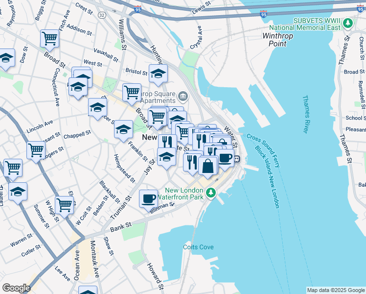 map of restaurants, bars, coffee shops, grocery stores, and more near 237 State Street in New London