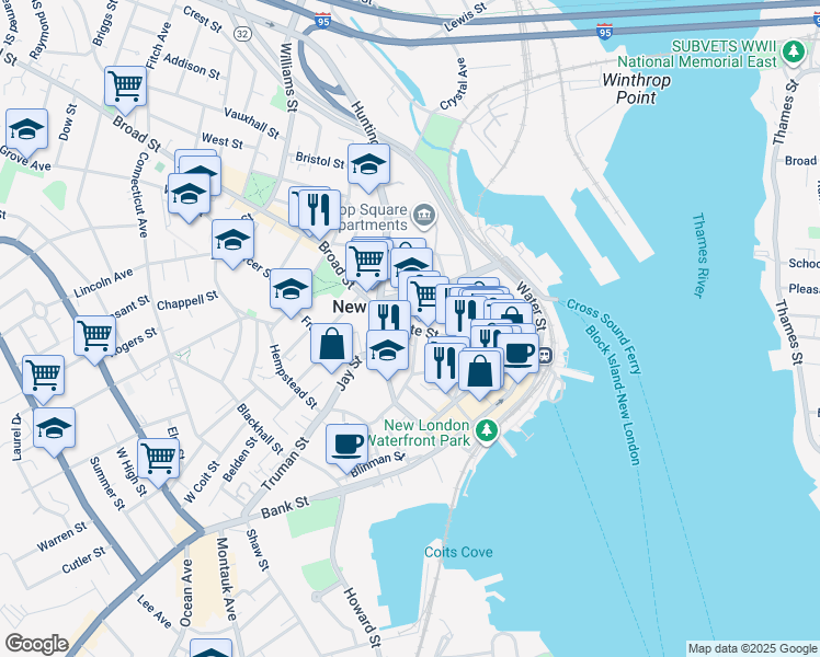 map of restaurants, bars, coffee shops, grocery stores, and more near in New London