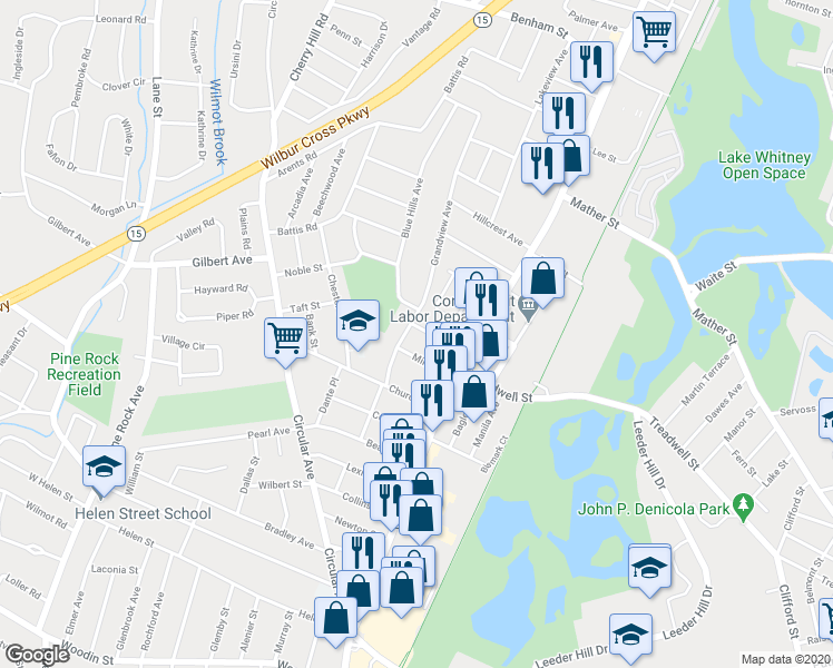map of restaurants, bars, coffee shops, grocery stores, and more near 54 Cumley Street in Hamden