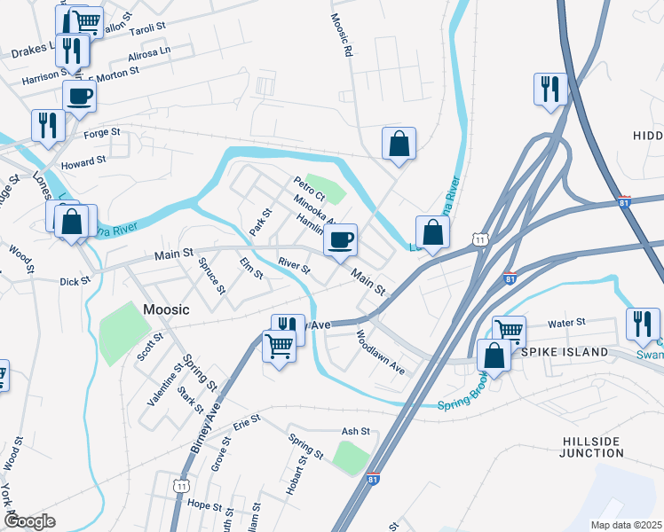 map of restaurants, bars, coffee shops, grocery stores, and more near 624 Main Street in Moosic