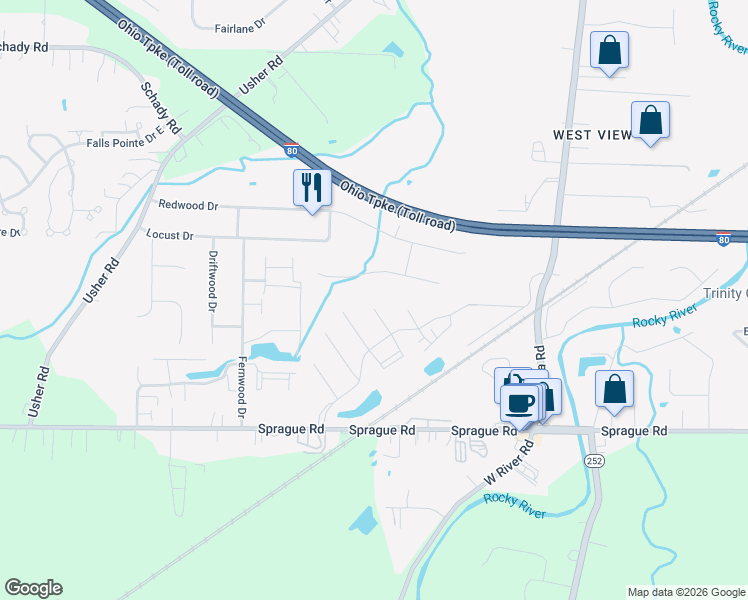 map of restaurants, bars, coffee shops, grocery stores, and more near 6671 Laurel Lane in Olmsted Falls