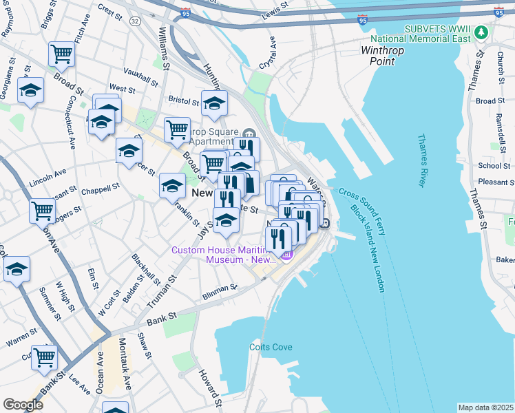 map of restaurants, bars, coffee shops, grocery stores, and more near 225 State Street in New London