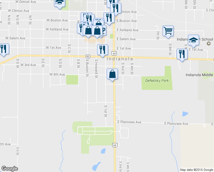 map of restaurants, bars, coffee shops, grocery stores, and more near 600 South 1st Street in Indianola