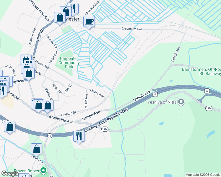 map of restaurants, bars, coffee shops, grocery stores, and more near 65 Hudson Street in Chester