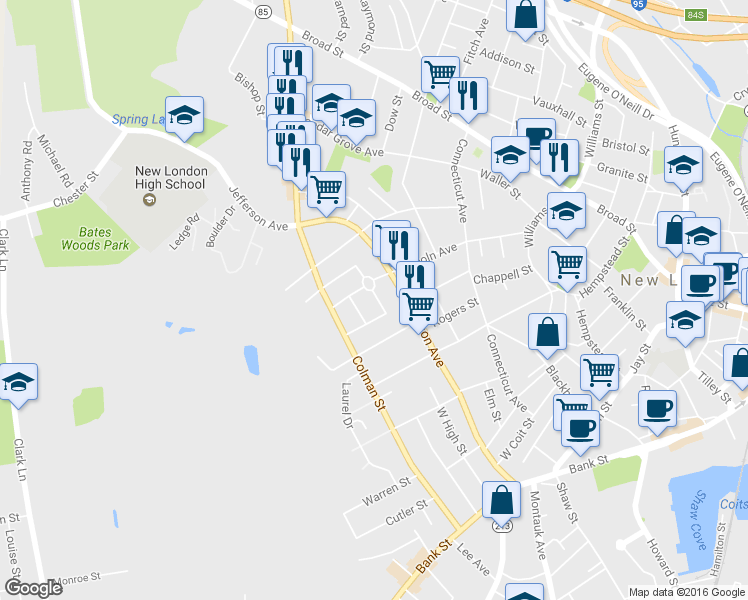 map of restaurants, bars, coffee shops, grocery stores, and more near 22 Colver Street in New London