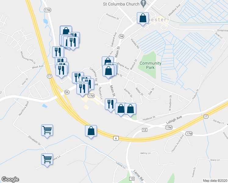 map of restaurants, bars, coffee shops, grocery stores, and more near 149 Main Street in Chester