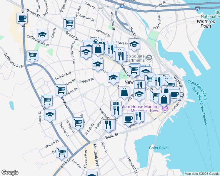 map of restaurants, bars, coffee shops, grocery stores, and more near 89 Hempstead Street in New London