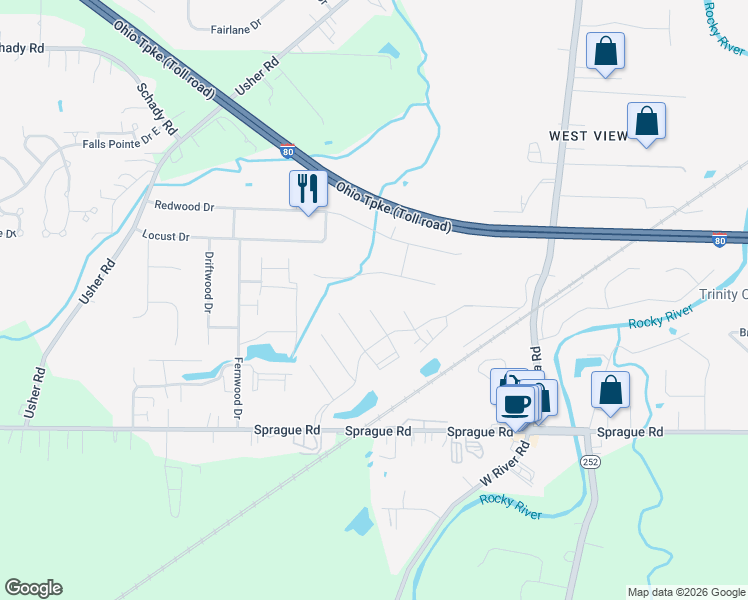 map of restaurants, bars, coffee shops, grocery stores, and more near 6671 Laurel Lane in Olmsted Falls