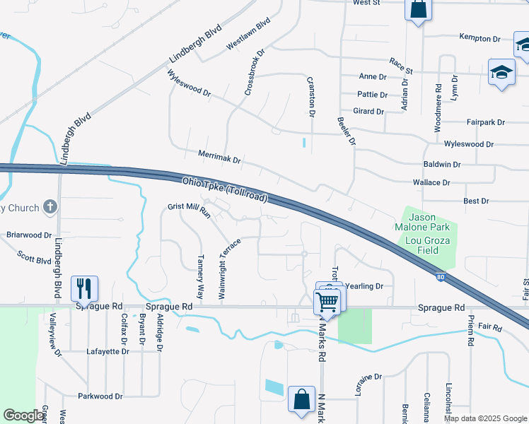 map of restaurants, bars, coffee shops, grocery stores, and more near 23282 Grist Mill Court in Olmsted Falls