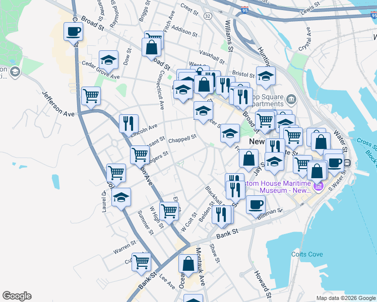 map of restaurants, bars, coffee shops, grocery stores, and more near 29 Garfield Avenue in New London