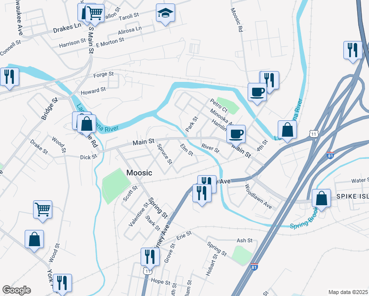 map of restaurants, bars, coffee shops, grocery stores, and more near 213 Elm Street in Moosic