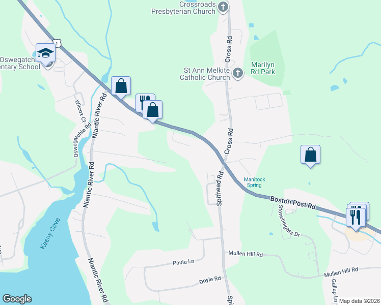 map of restaurants, bars, coffee shops, grocery stores, and more near 15 Arrowhead Trail in Waterford