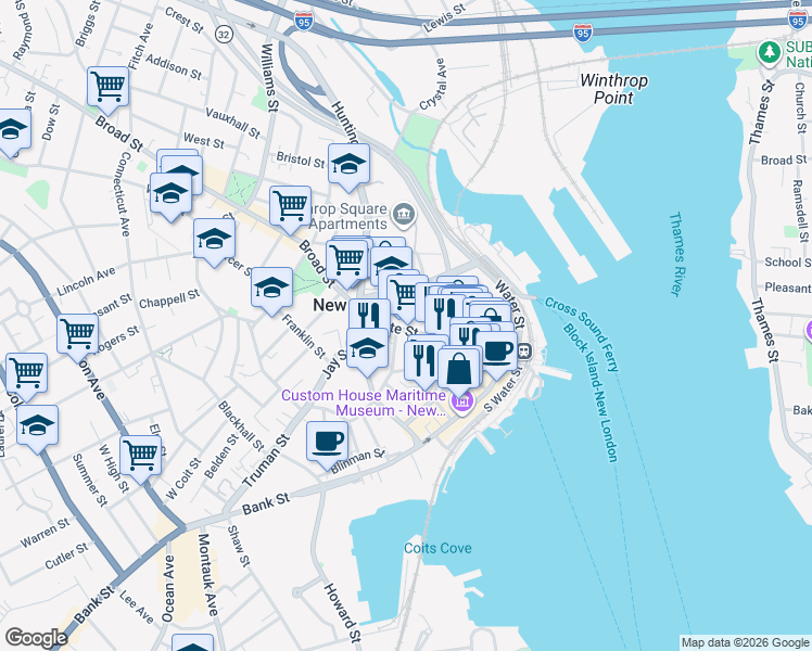 map of restaurants, bars, coffee shops, grocery stores, and more near 237 State Street in New London
