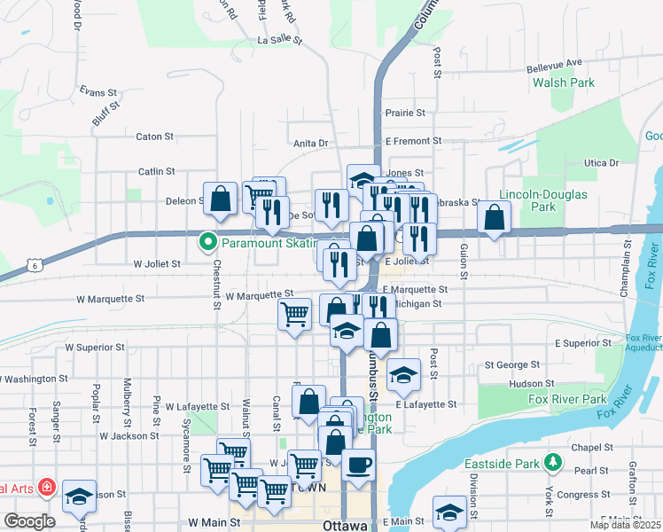 map of restaurants, bars, coffee shops, grocery stores, and more near 211 West Joliet Street in Ottawa
