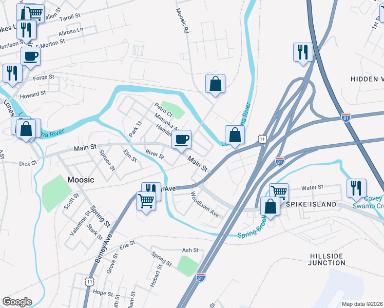 map of restaurants, bars, coffee shops, grocery stores, and more near 721 Main St in Moosic