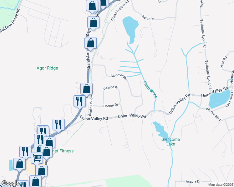 map of restaurants, bars, coffee shops, grocery stores, and more near 15 Pearce Place in Mahopac