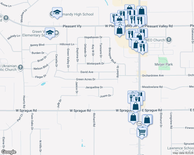 map of restaurants, bars, coffee shops, grocery stores, and more near 1760 Green Acres Drive in Parma