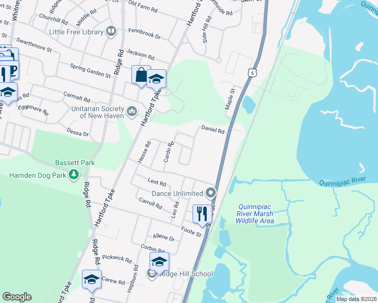 map of restaurants, bars, coffee shops, grocery stores, and more near 135 Daniel Road in Hamden