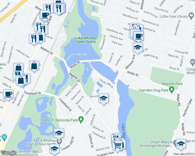 map of restaurants, bars, coffee shops, grocery stores, and more near 68 North Lake Drive in Hamden
