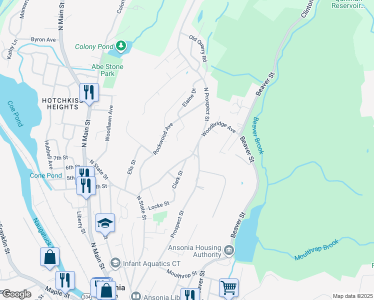 map of restaurants, bars, coffee shops, grocery stores, and more near 61 Woodbridge Avenue in Ansonia