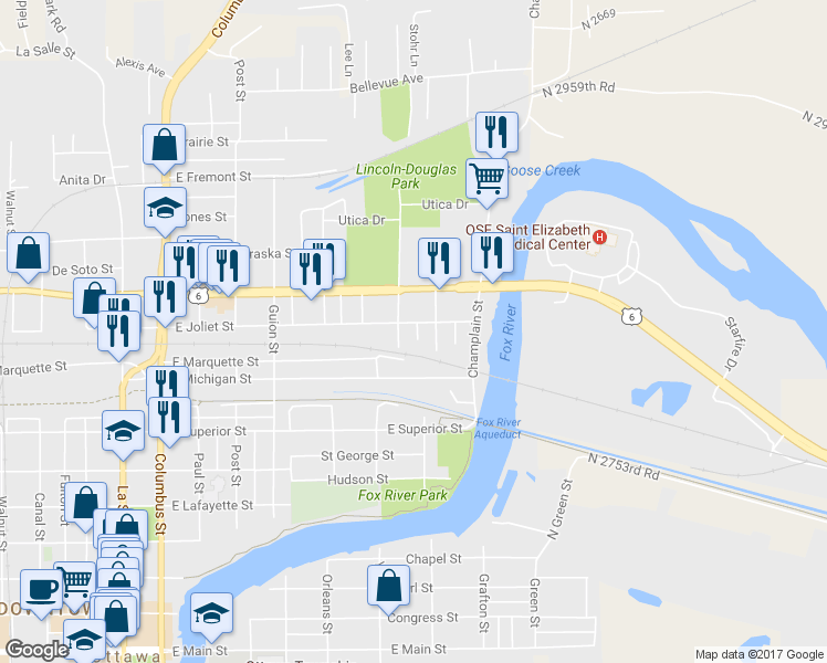 map of restaurants, bars, coffee shops, grocery stores, and more near 709 East Joliet Street in Ottawa