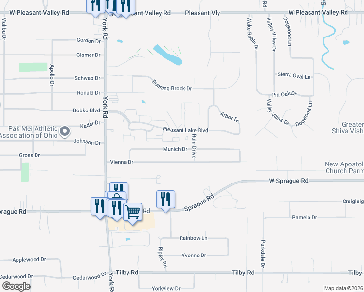 map of restaurants, bars, coffee shops, grocery stores, and more near 9712 Munich Drive in Parma